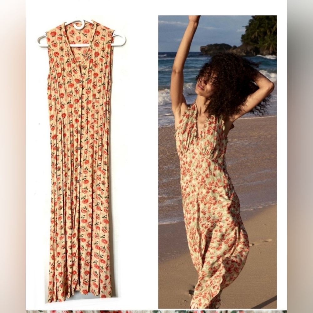Vintage 90s April Cornell Floral Maxi Dress Rayon Pleated Tie Back S/M